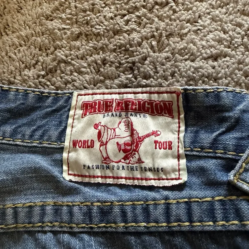 True Religion World Tour Ricky Distressed Flap Jeans 36x 34 Med Wash Blue Denim